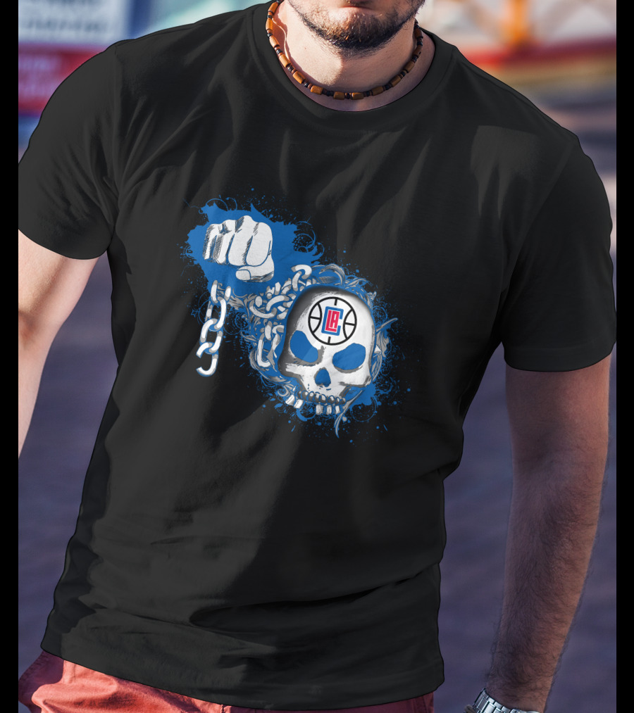La Clippers Skull With Fist And Chains On Blue Splash T-Shirt