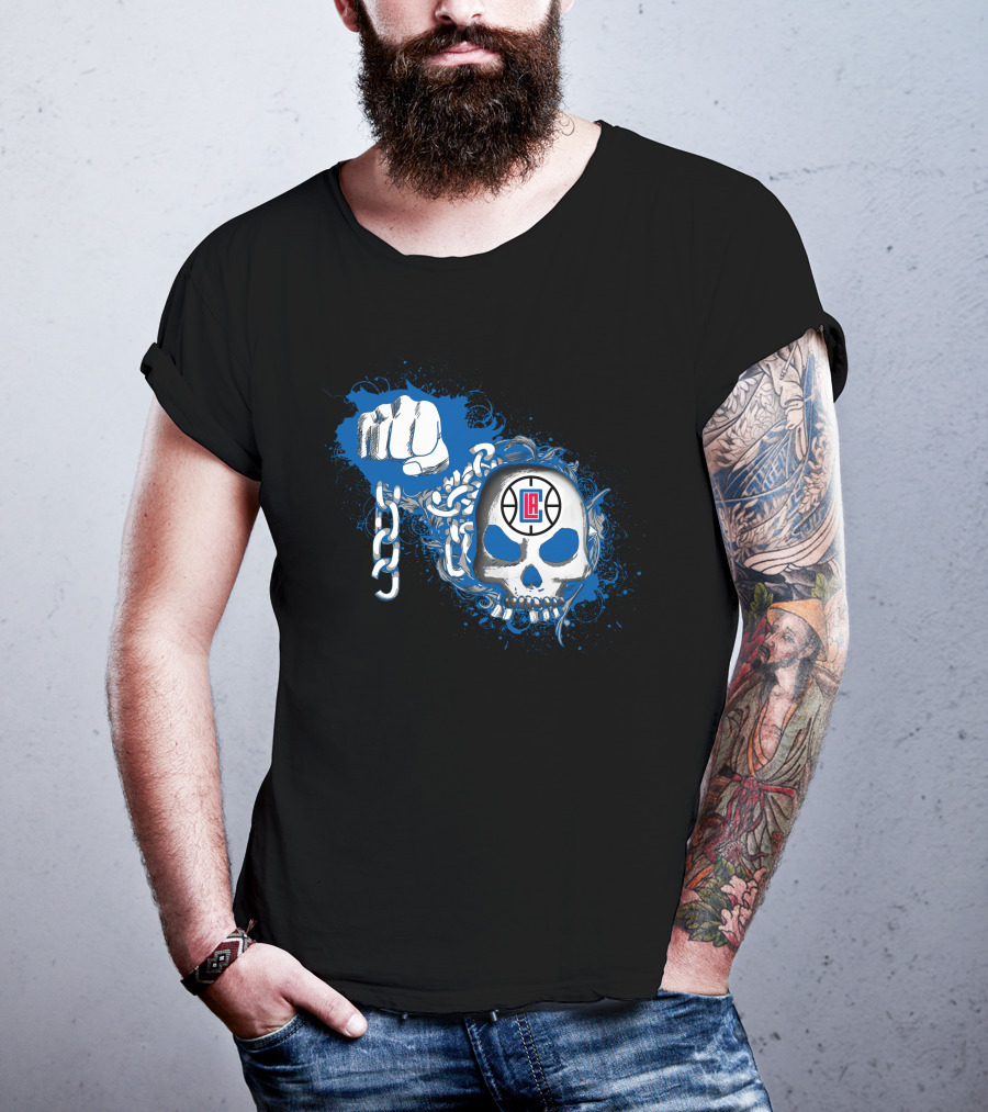 La Clippers Skull With Fist And Chains On Blue Splash T-Shirt