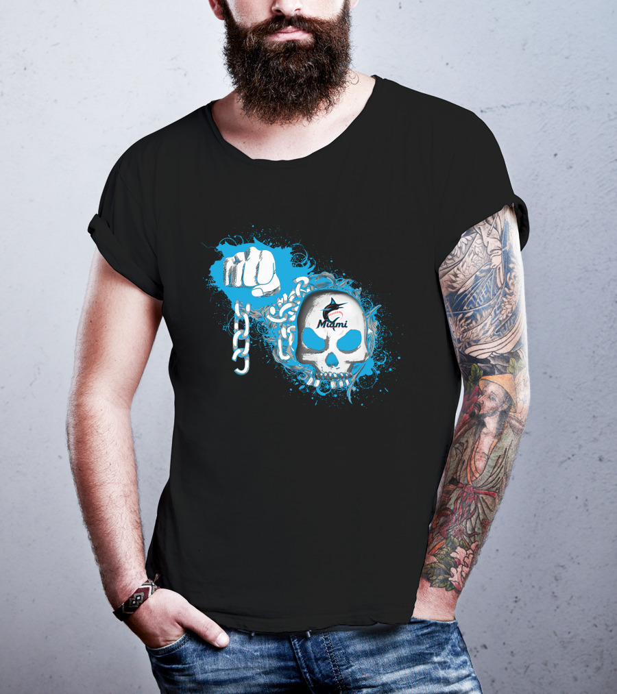 Miami Marlins Skull And Fist With Chain T-Shirt