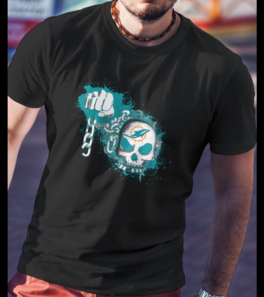 Miami Dolphins Skull And Fist With Chains T-Shirt