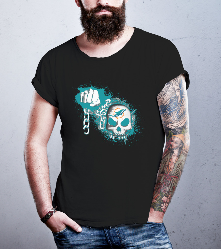 Miami Dolphins Skull And Fist With Chains T-Shirt