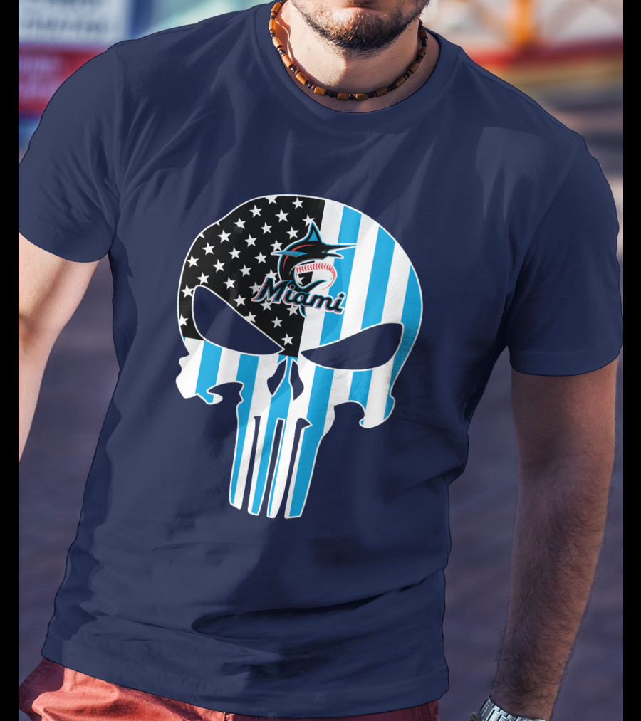 Miami Marlins Punisher Skull American Flag Fusion T-Shirt