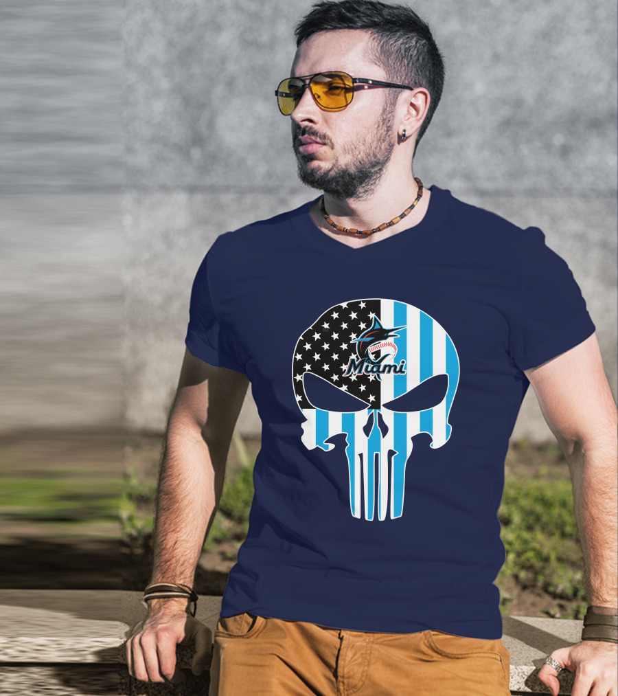 Miami Marlins Punisher Skull American Flag Fusion T-Shirt