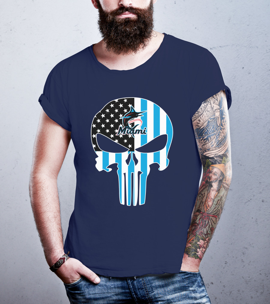 Miami Marlins Punisher Skull American Flag Fusion T-Shirt