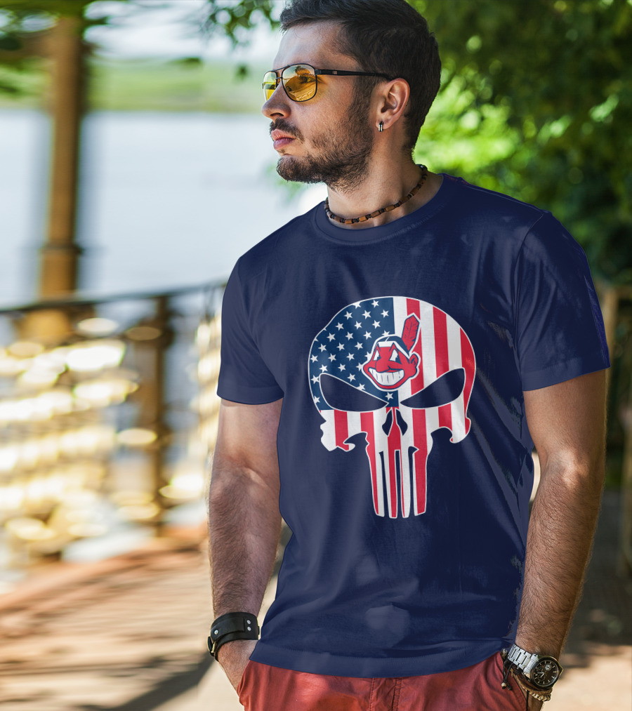 Indians The Punisher Skull American Flag Red White Blue T-Shirt