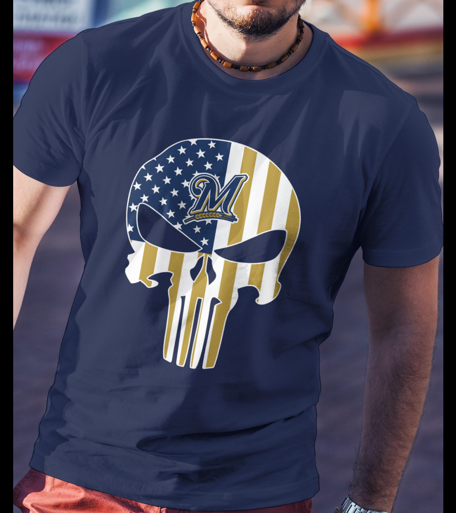 Milwaukee Brewers Punisher Skull American Flag T-Shirt