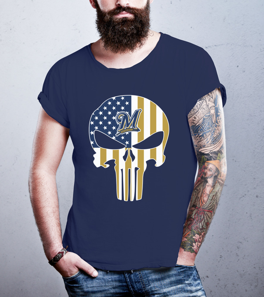 Milwaukee Brewers Punisher Skull American Flag T-Shirt