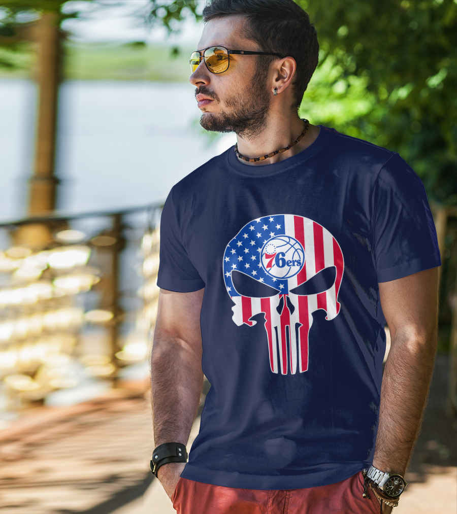 Philadelphia 76ers American Flag Punisher Style Skull T-Shirt