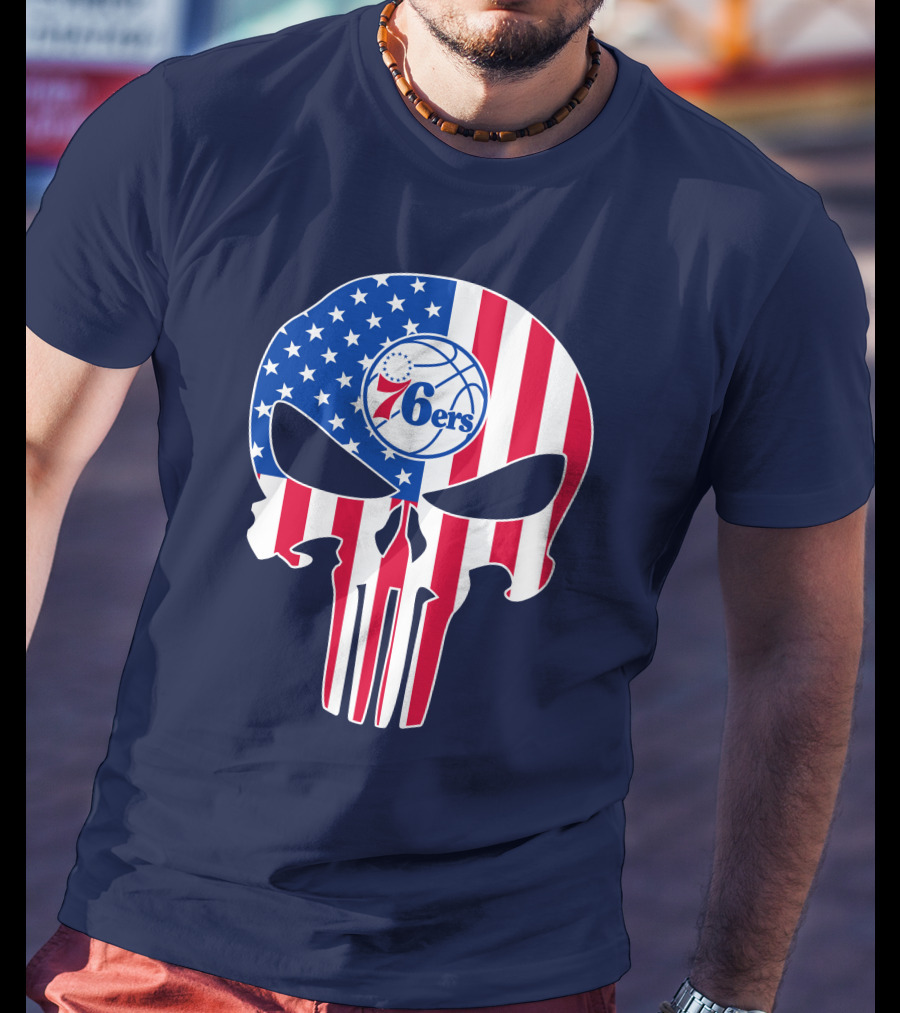 Philadelphia 76ers American Flag Punisher Style Skull T-Shirt