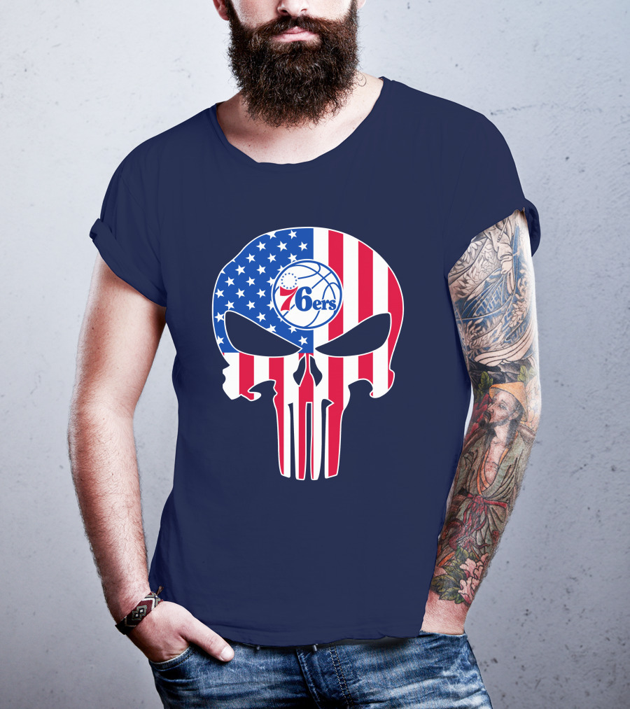 Philadelphia 76ers American Flag Punisher Style Skull T-Shirt
