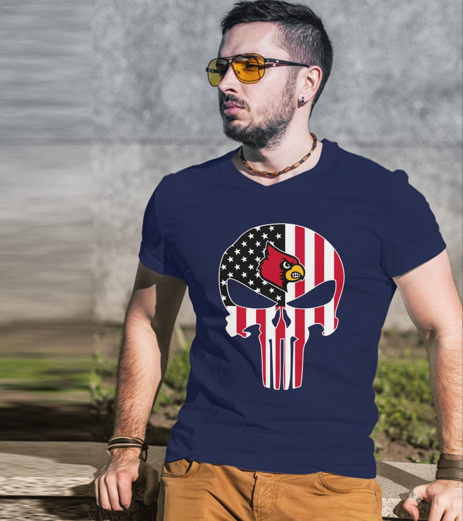 American Flag Punisher Skull Louisville Cardinals T-Shirt