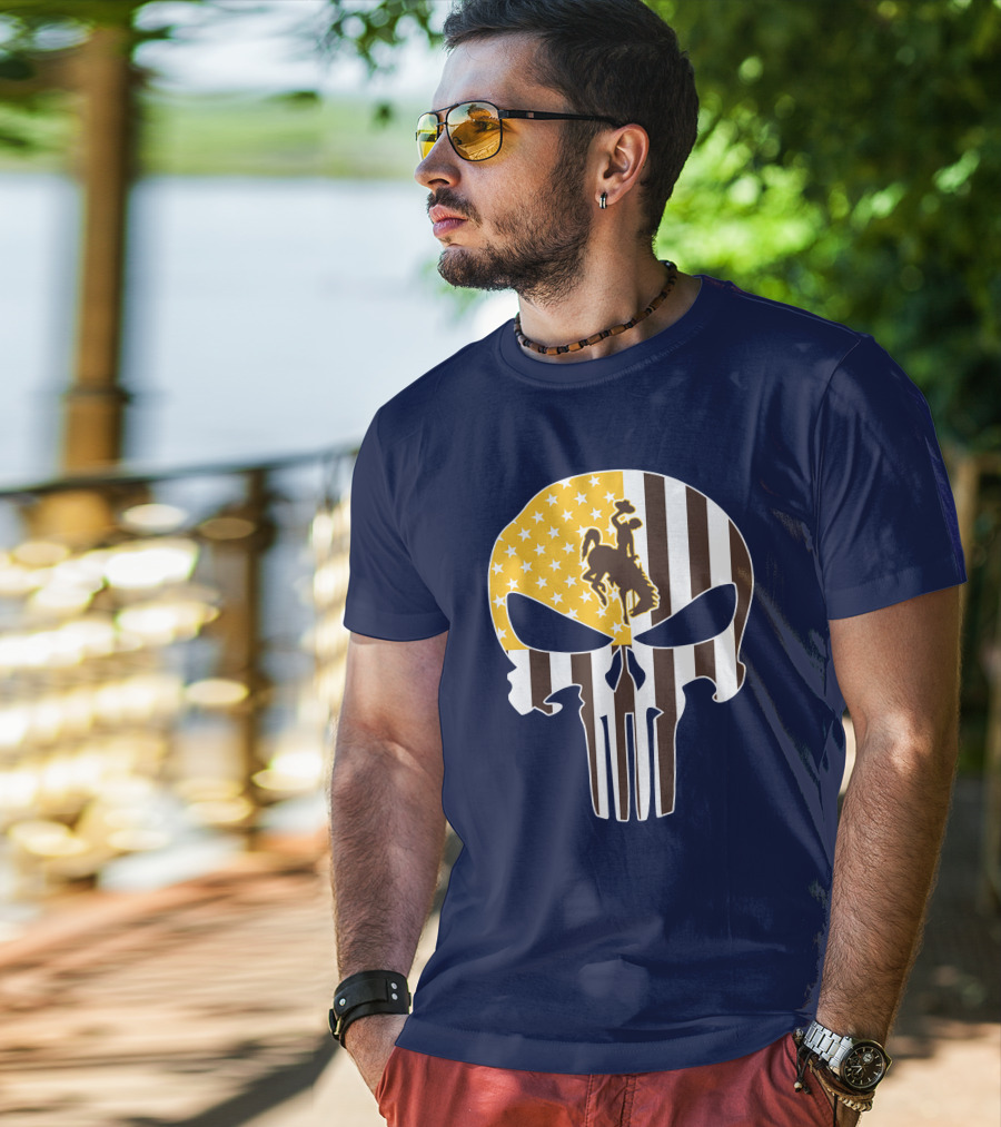 Wyoming Cowboys American Flag Punisher Skull T-Shirt