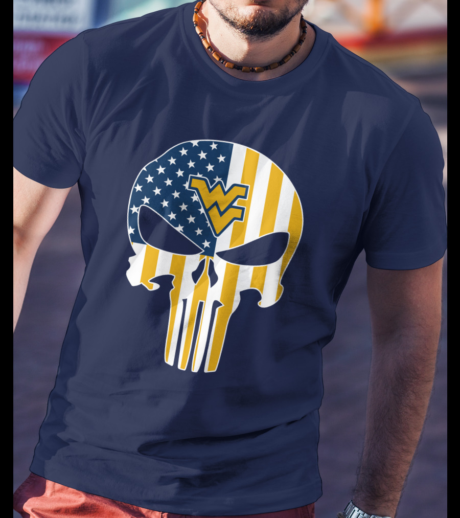 West Virginia Mountaineers The Punisher American Flag Skull T-Shirt