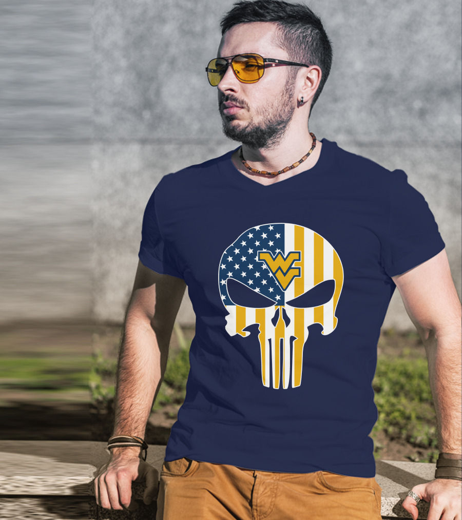 West Virginia Mountaineers The Punisher American Flag Skull T-Shirt