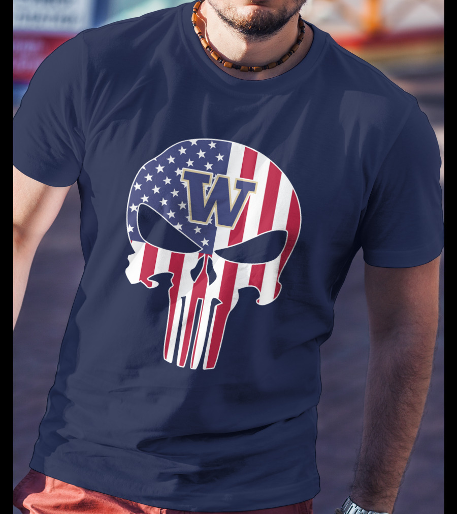 Washington Huskies The Punisher American Flag Skull W T-Shirt
