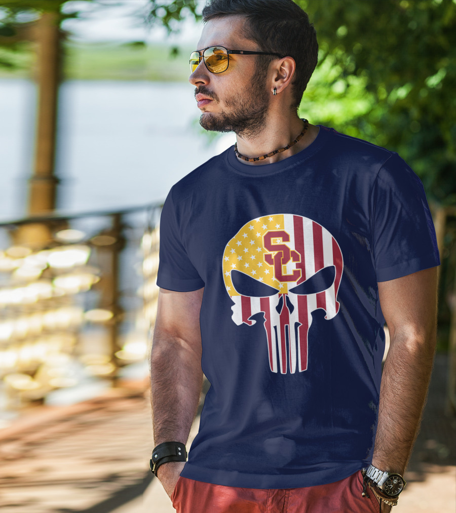 Usc Trojans Skull Punisher American Flag T-Shirt