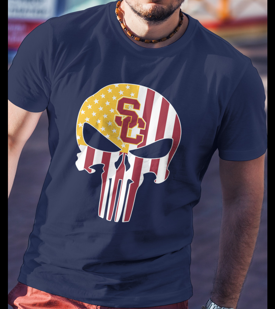 Usc Trojans Skull Punisher American Flag T-Shirt
