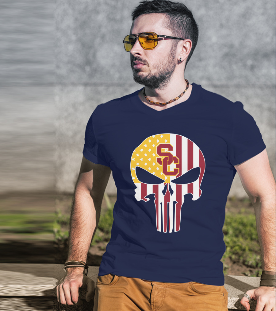 Usc Trojans Skull Punisher American Flag T-Shirt