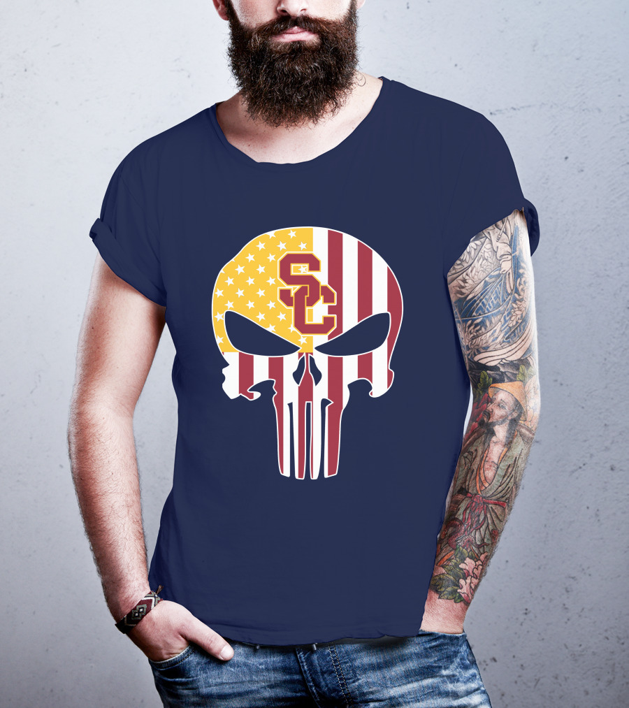 Usc Trojans Skull Punisher American Flag T-Shirt