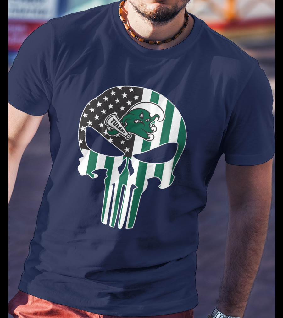 Tulane Green Wave 16 Punisher Flag Skull T-Shirt