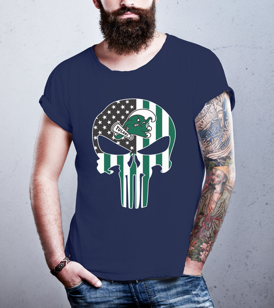 Tulane Green Wave 16 Punisher Flag Skull T-Shirt