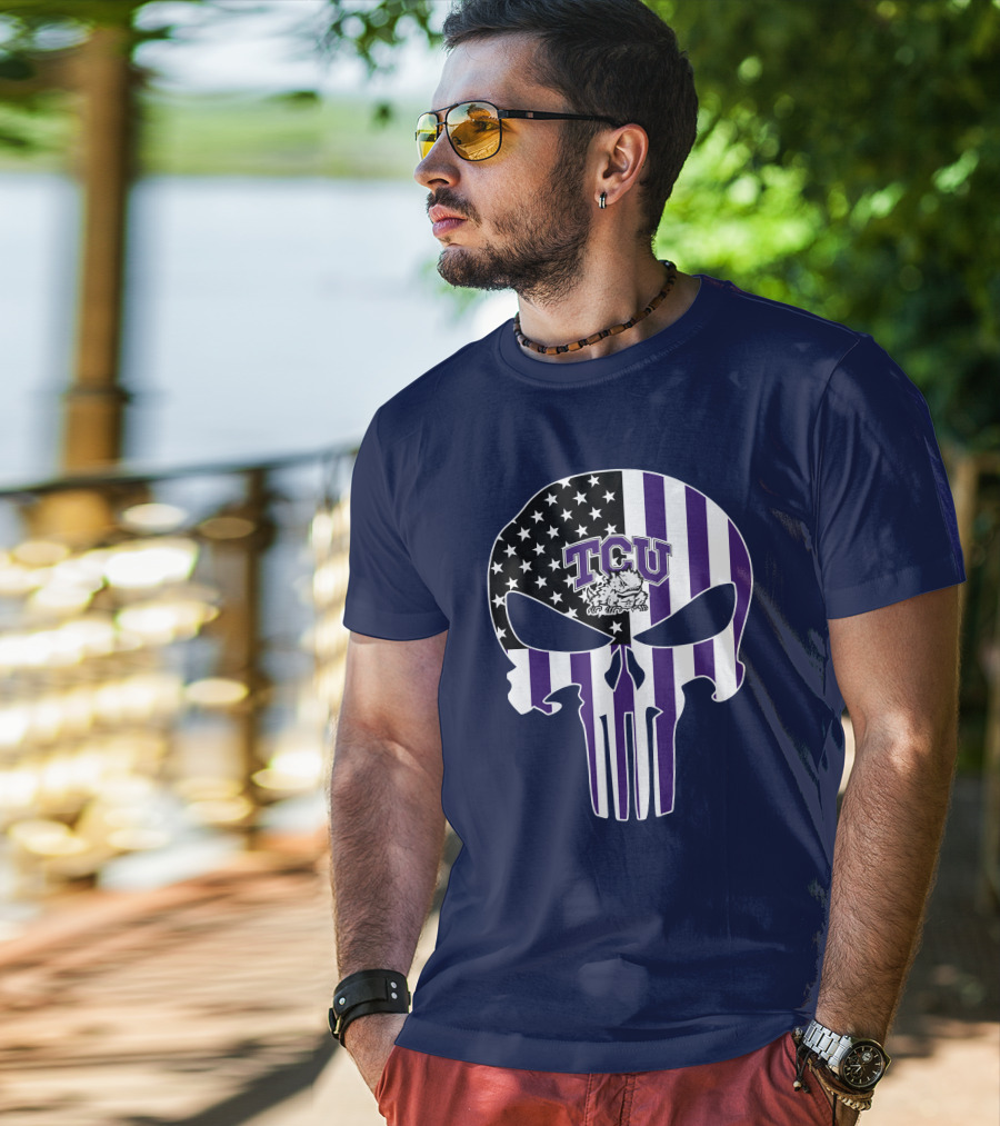 Tcu Horned Frogs Logo With American Flag Punisher Skull T-Shirt