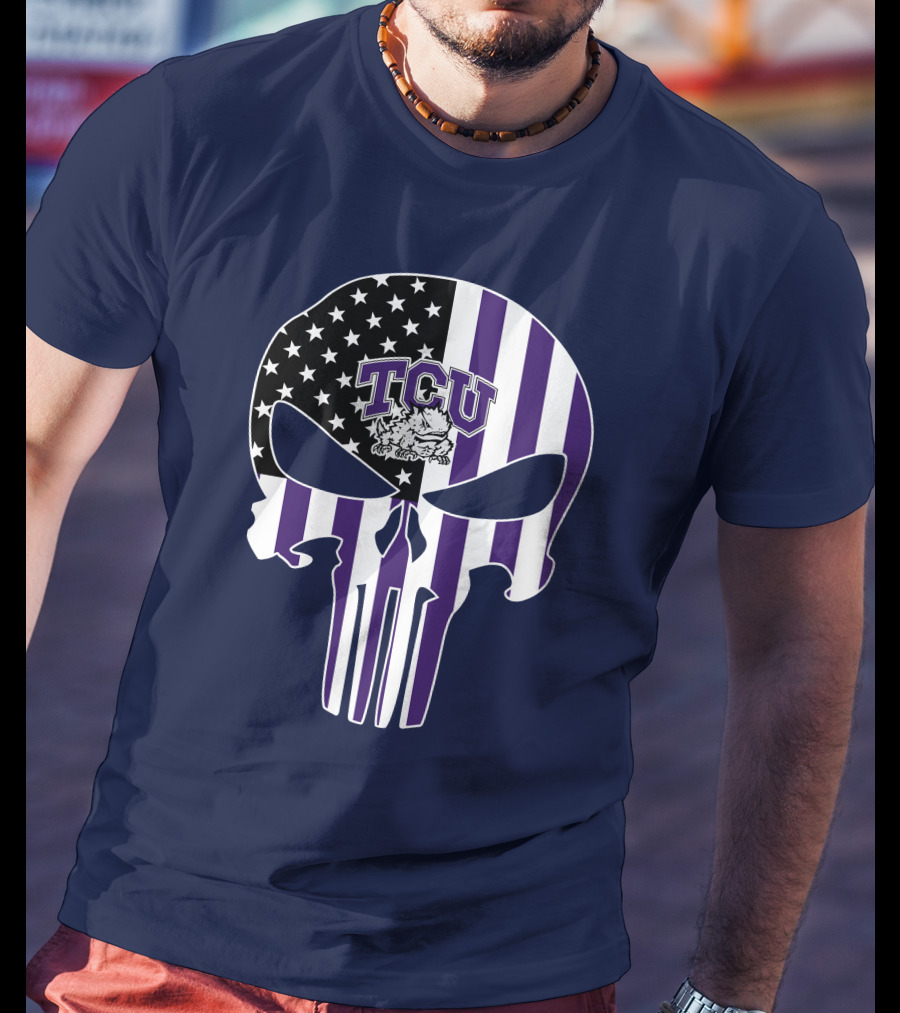 Tcu Horned Frogs Logo With American Flag Punisher Skull T-Shirt
