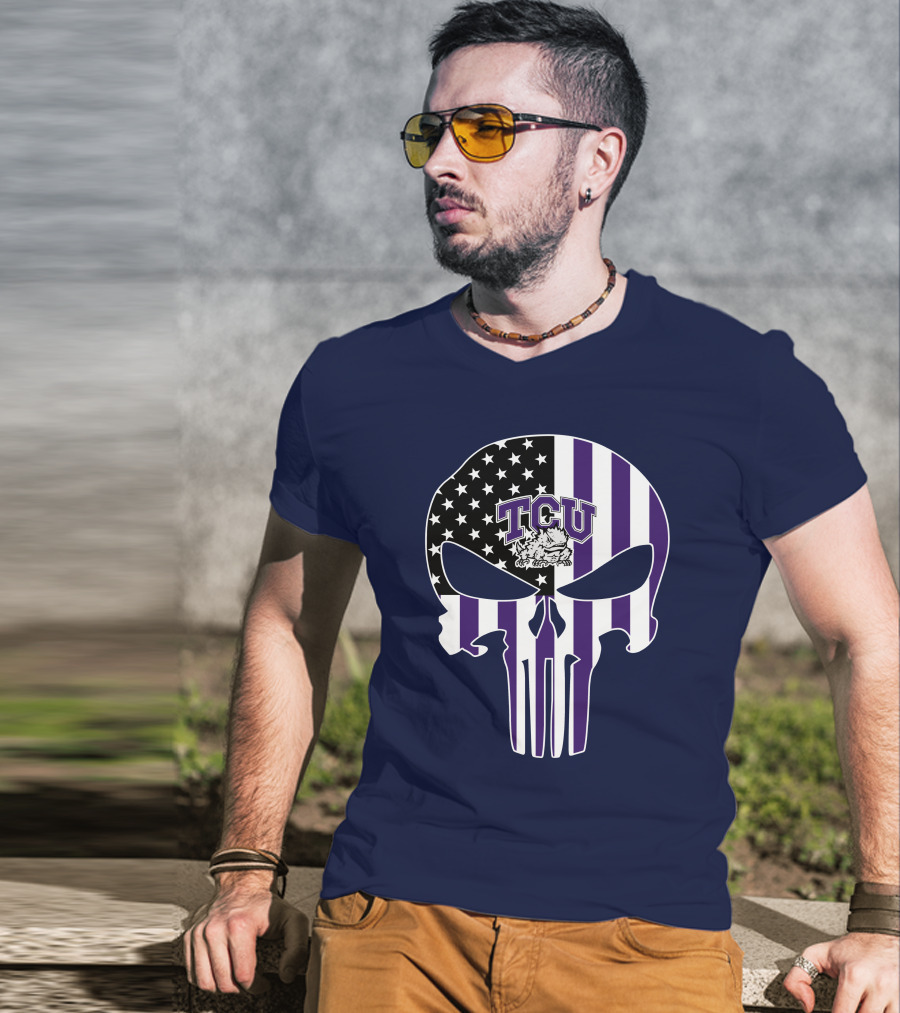 Tcu Horned Frogs Logo With American Flag Punisher Skull T-Shirt