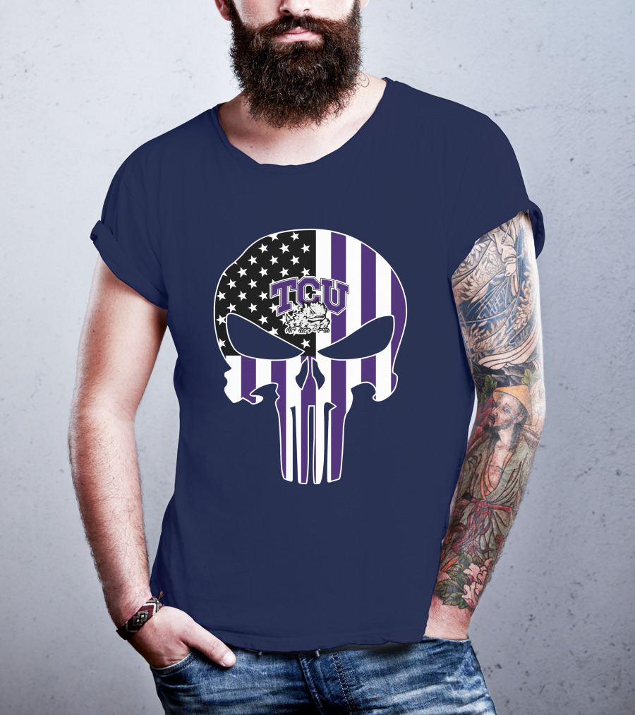 Tcu Horned Frogs Logo With American Flag Punisher Skull T-Shirt