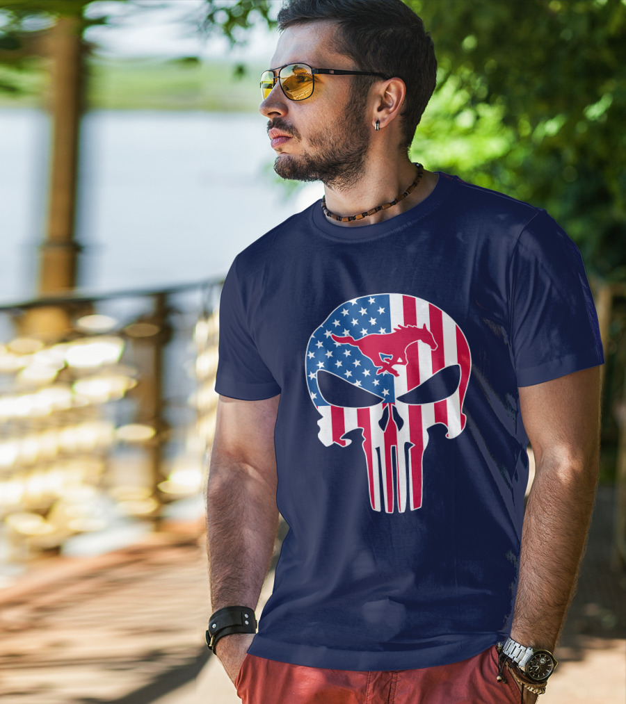 Smu Mustangs The Punisher American Flag Skull Iconic Symbol T-Shirt