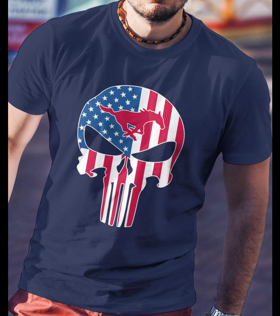 Smu Mustangs The Punisher American Flag Skull Iconic Symbol T-Shirt