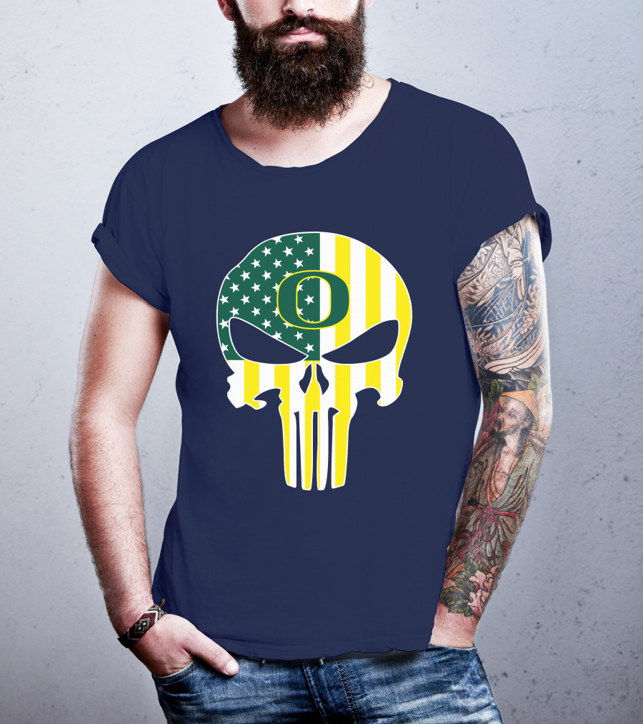Oregon Ducks Punisher Skull American Flag T-Shirt