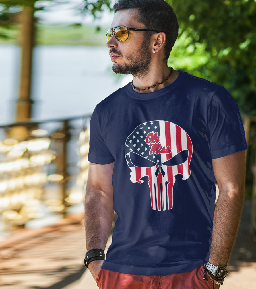 Ole Miss Rebels American Flag Punisher Skull T-Shirt