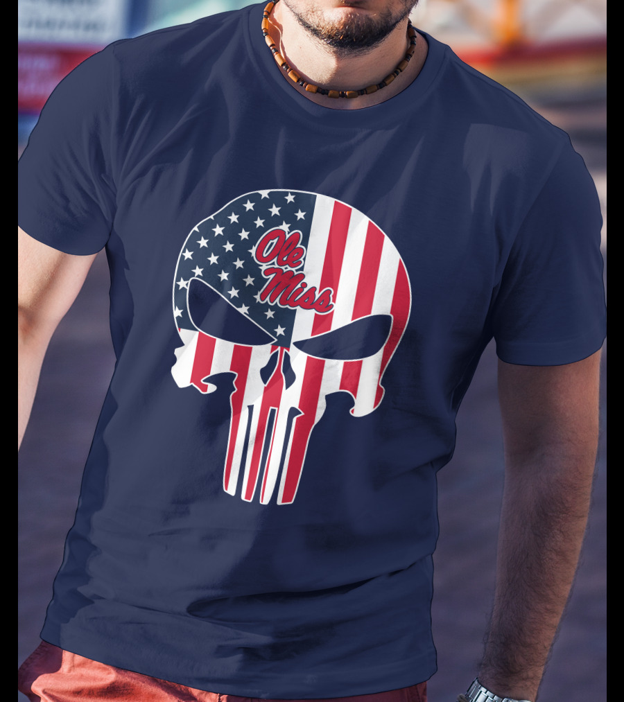 Ole Miss Rebels American Flag Punisher Skull T-Shirt