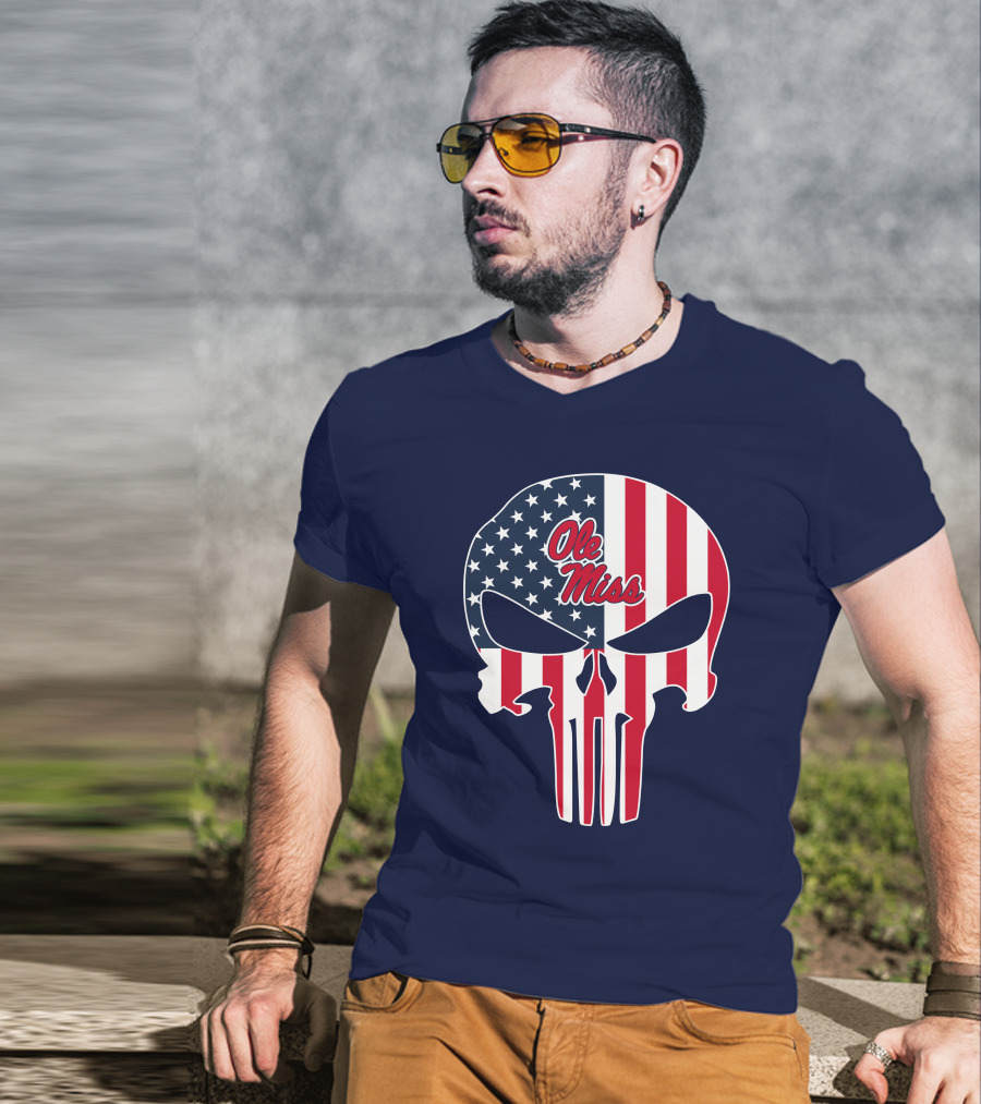 Ole Miss Rebels American Flag Punisher Skull T-Shirt