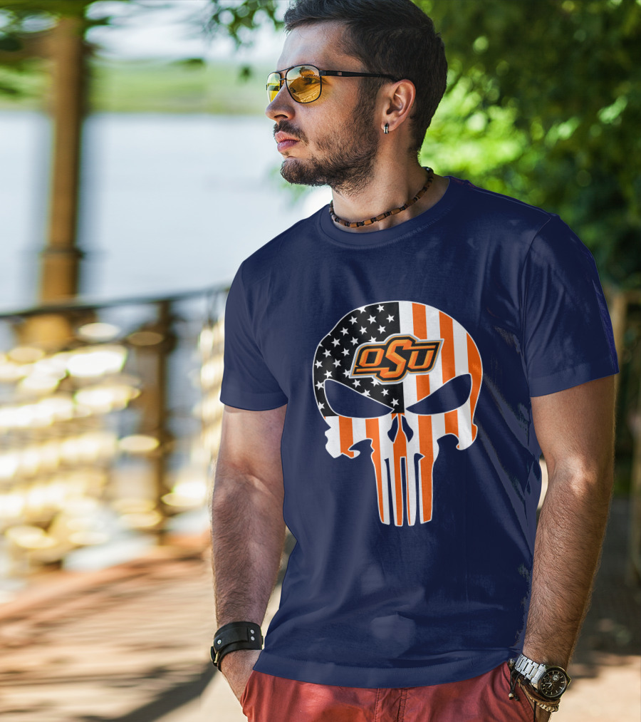 Oklahoma State Cowboys 32 Punisher Skull Osu American Flag T-Shirt