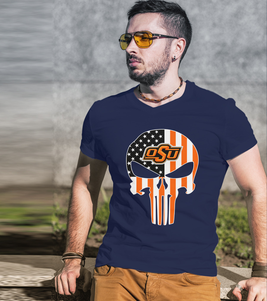 Oklahoma State Cowboys 32 Punisher Skull Osu American Flag T-Shirt