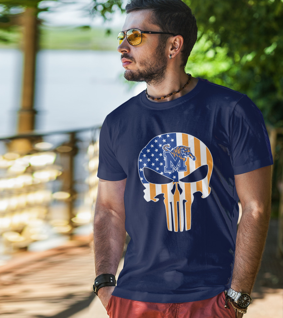 Memphis Tigers Punisher Skull Usa Flag Sports T-Shirt