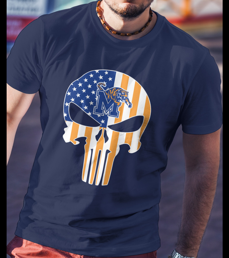 Memphis Tigers Punisher Skull Usa Flag Sports T-Shirt