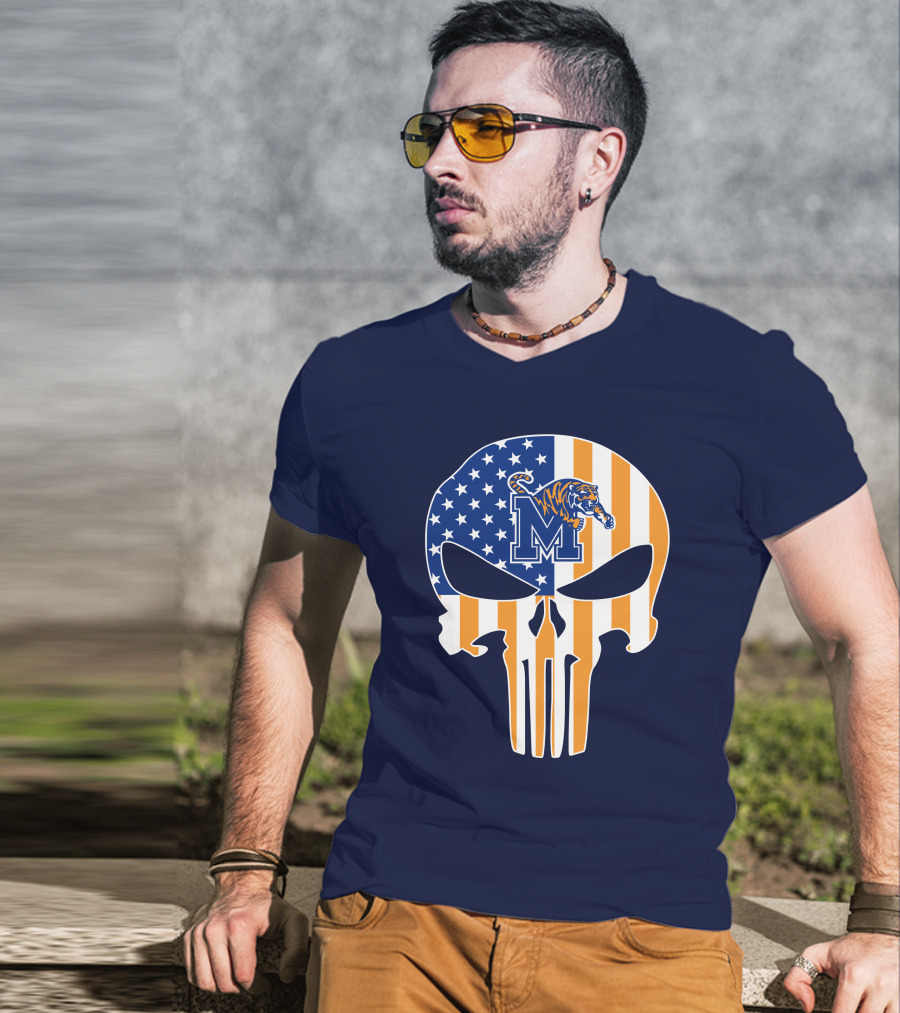 Memphis Tigers Punisher Skull Usa Flag Sports T-Shirt