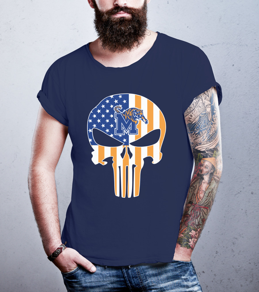 Memphis Tigers Punisher Skull Usa Flag Sports T-Shirt