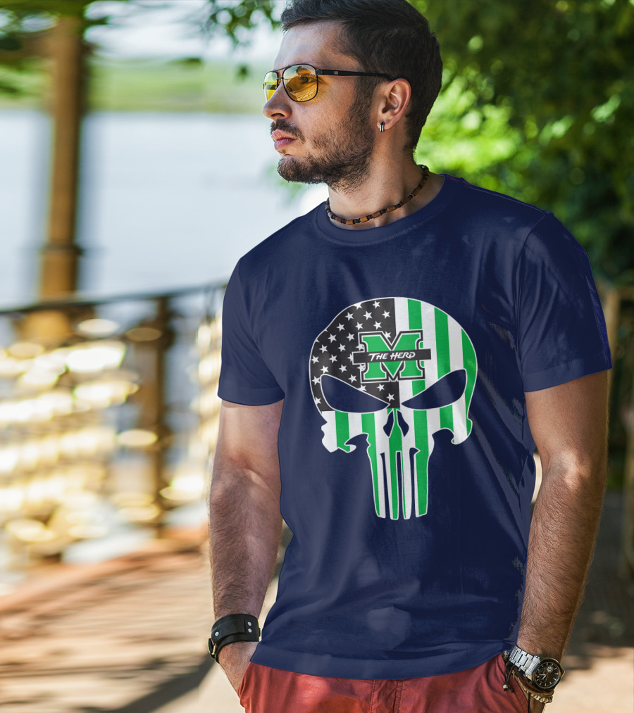 Marshall Thundering Herd The Punisher American Flag Skull T-Shirt
