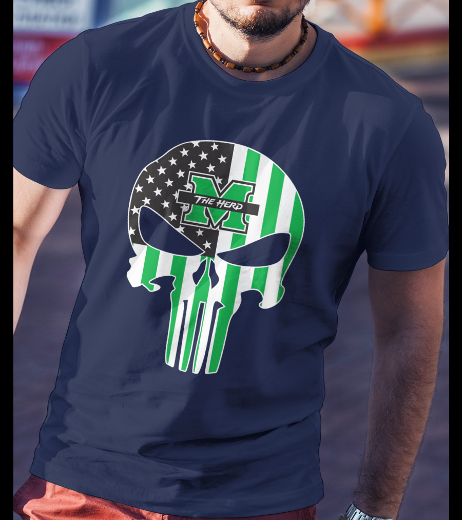 Marshall Thundering Herd The Punisher American Flag Skull T-Shirt