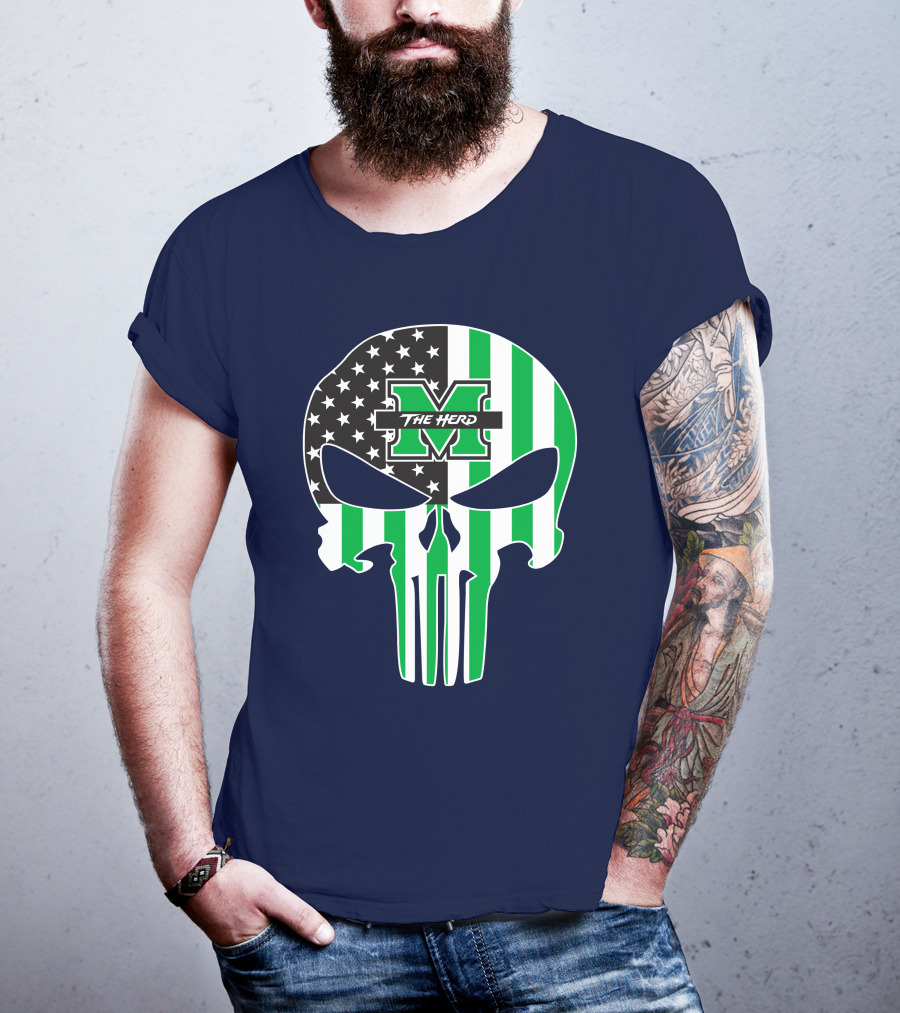 Marshall Thundering Herd The Punisher American Flag Skull T-Shirt