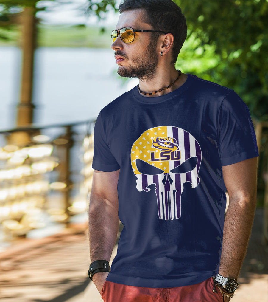 Lsu Tigers Punisher Skull American Flag T-Shirt