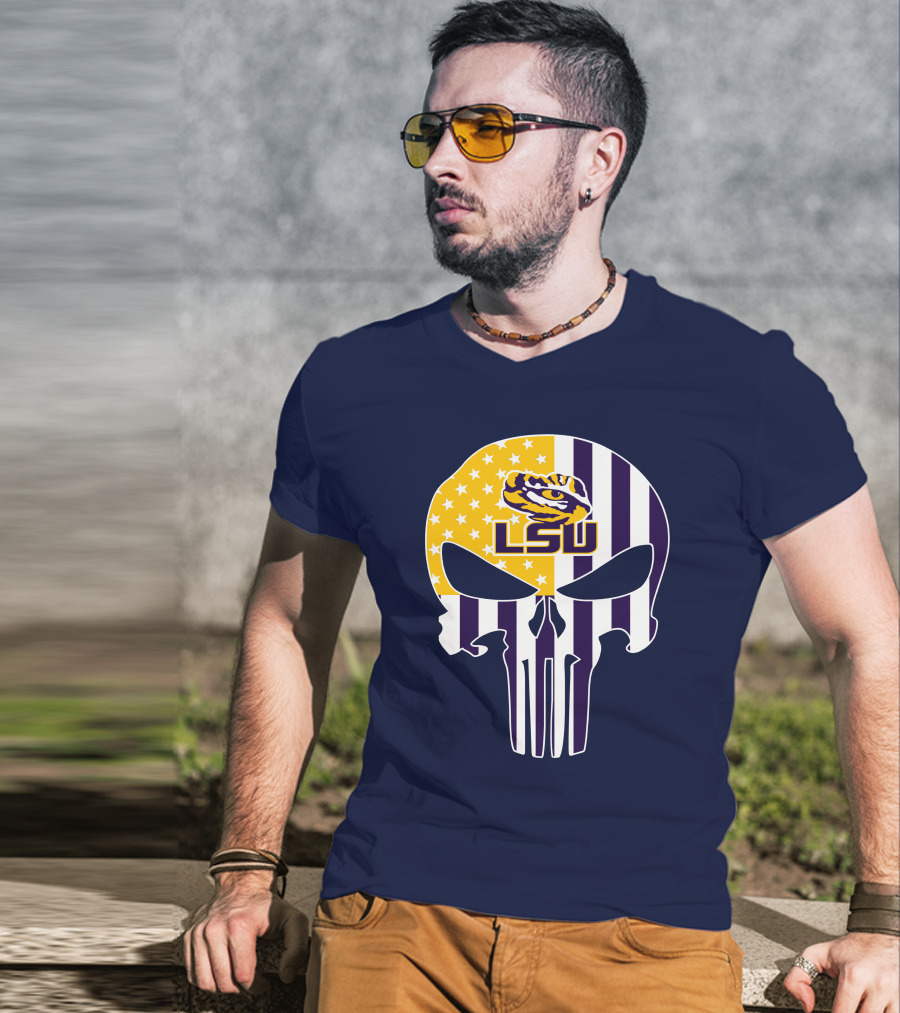 Lsu Tigers Punisher Skull American Flag T-Shirt