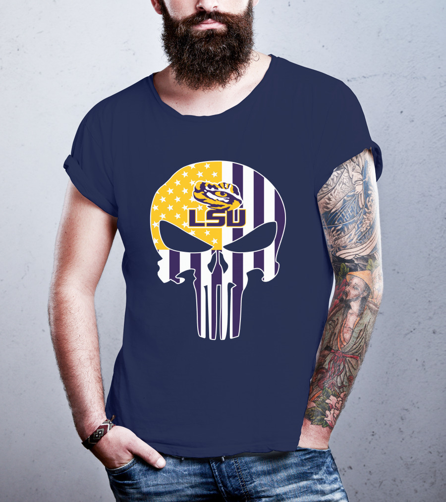 Lsu Tigers Punisher Skull American Flag T-Shirt