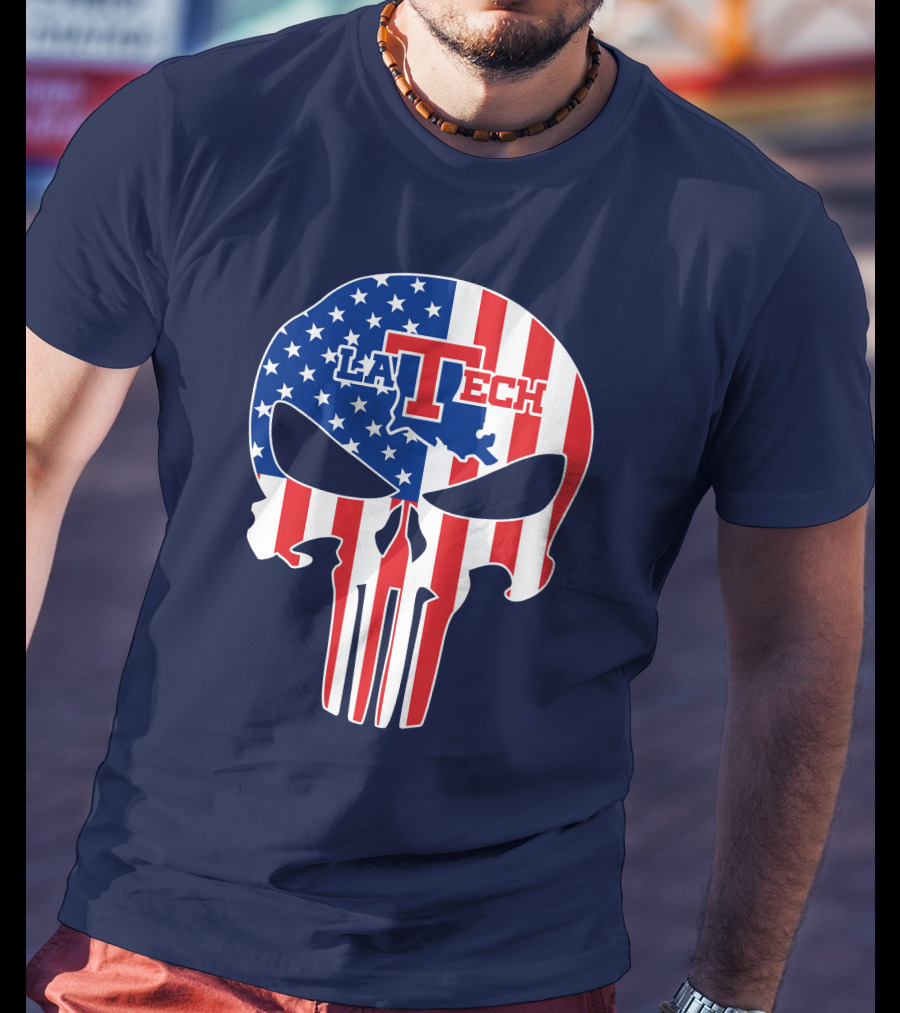 Louisiana Tech Bulldogs La Tech Skull American Flag Punisher T-Shirt