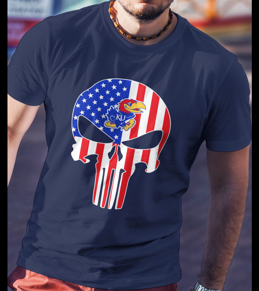 Kansas Jayhawks The Punisher American Flag Skull T-Shirt