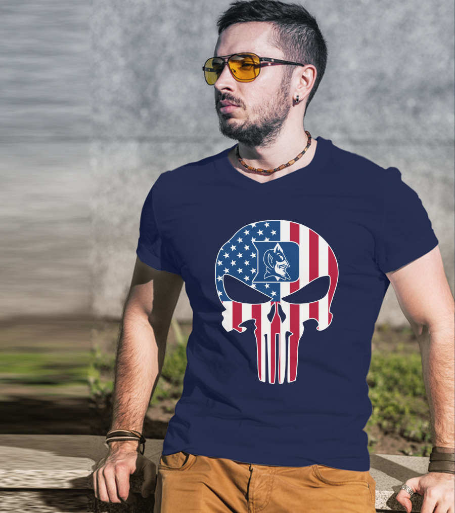 Duke Blue Devils The Punisher American Flag Skull T-Shirt